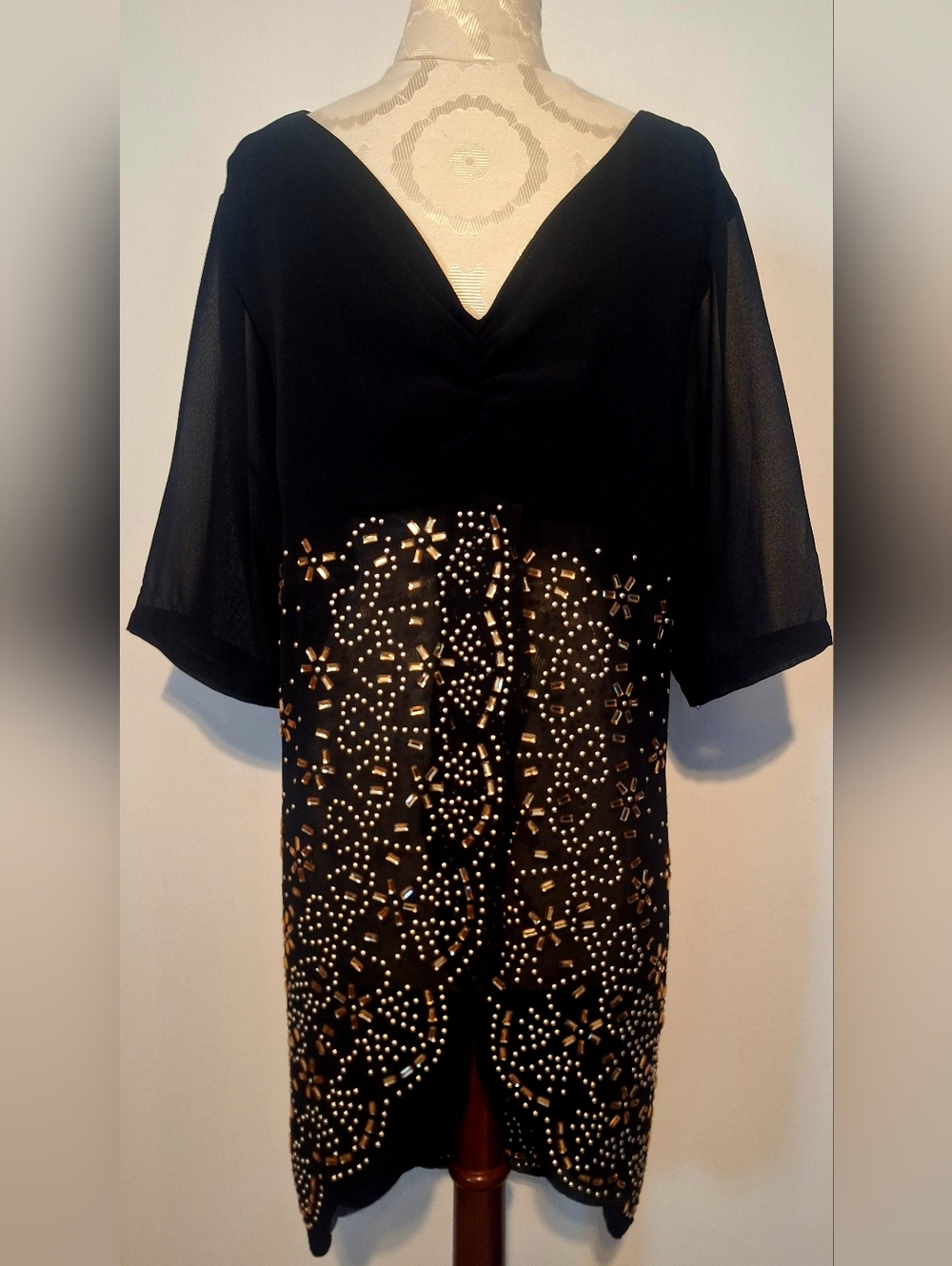 Black Sheer Tunic with Gold Studs And Crystals